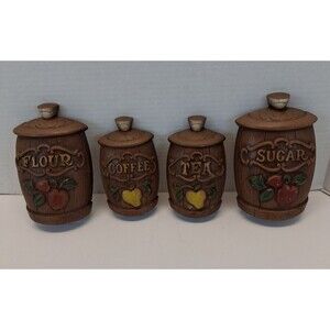 Sexton USA 1967 #1509 Flour Coffee Tea Sugar Ceramic Kitchen Wall Plaques 4pc